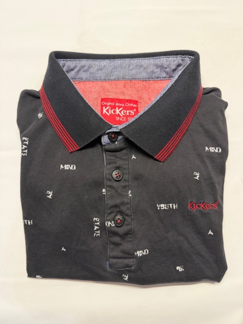 Kickers Black Polo with‎ Red Embroidered Logo and Collar Stripes